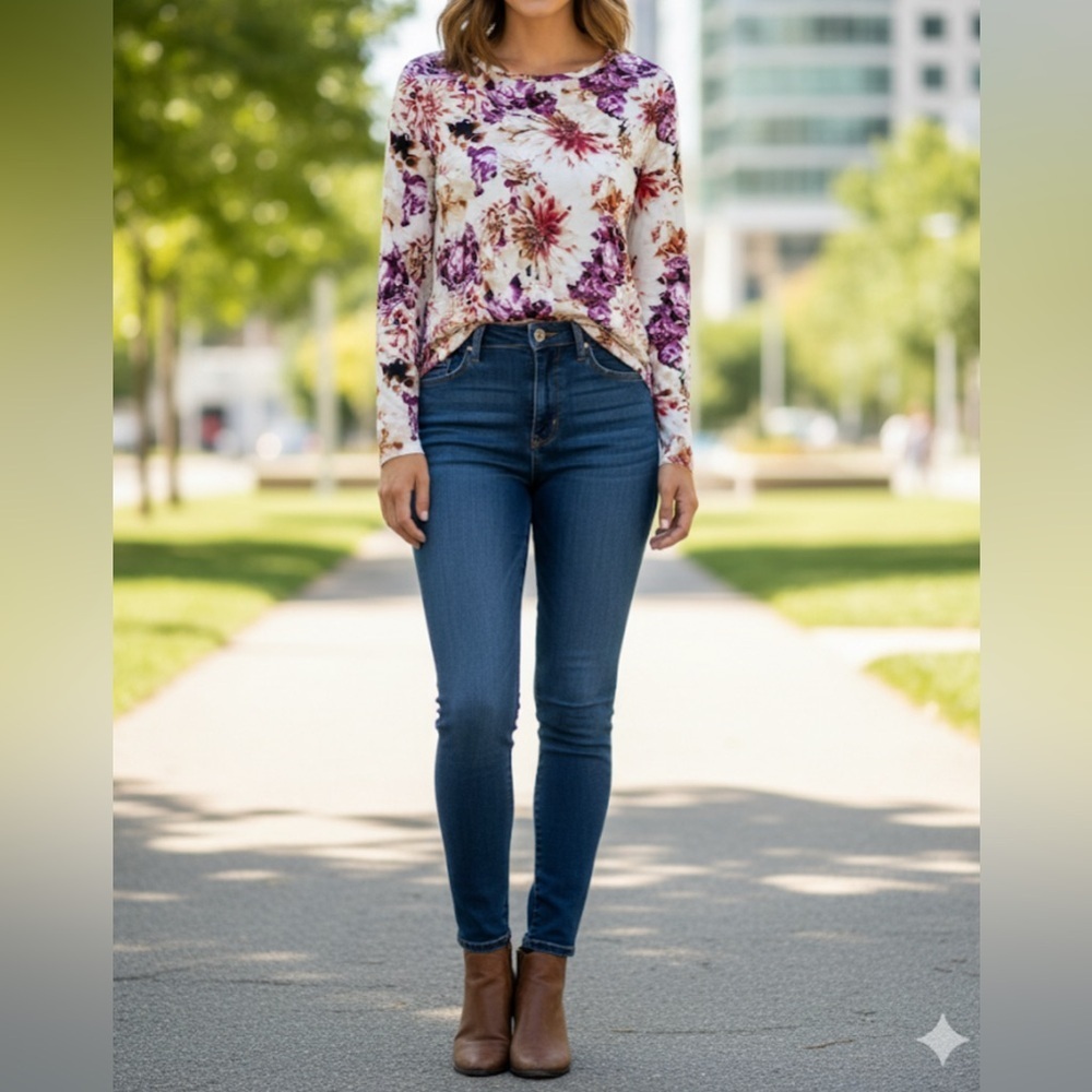 Chico's Floral Long Sleeve Crewneck Top - Plum & Burgundy - Size 3 / XL